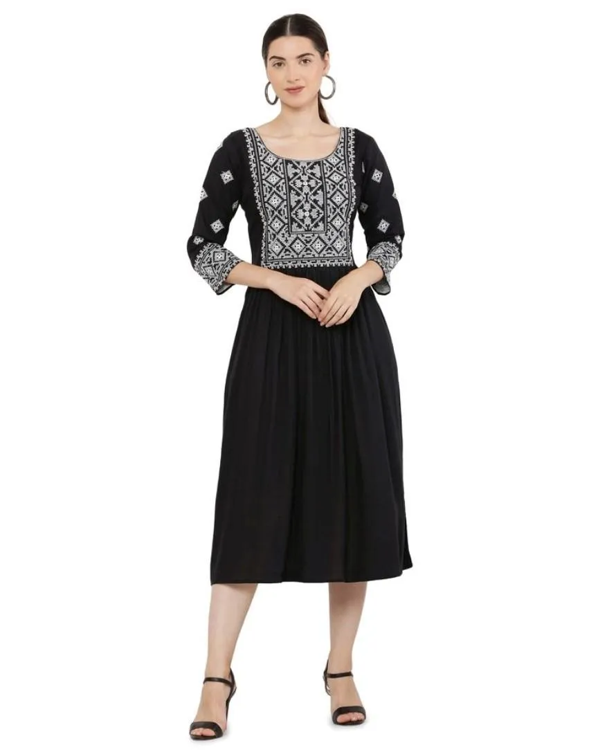 Generic Women's Casual Rayon 3-4th Sleeves Kurti (Black)