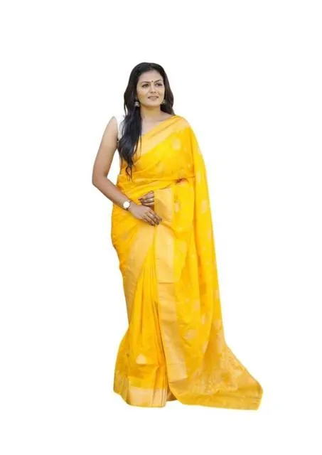 Generic Women's Soft Lichi Silk Printed Saree With Unstitched Blouse 5.5Mtr (Yellow)