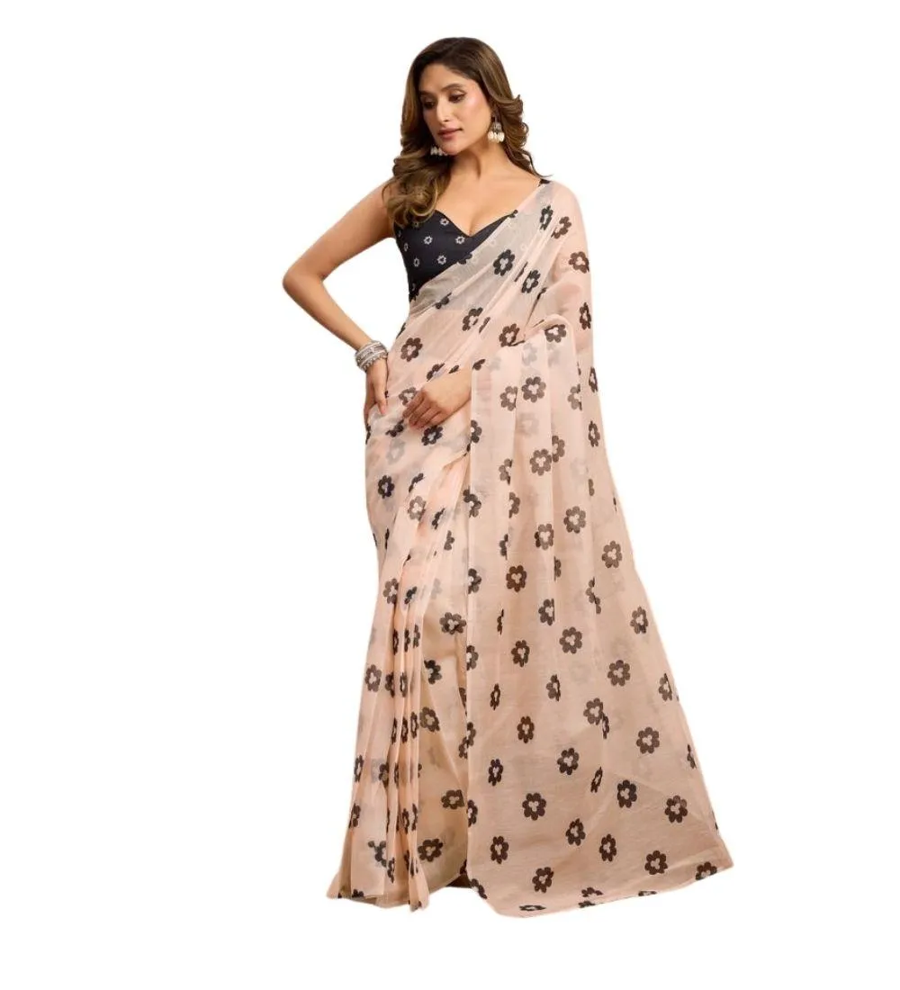 Generic Women's Linen Cotton Printed Ready To Wear Saree With Unstitched Blouse 5.5 Mtr (Light_Peach)