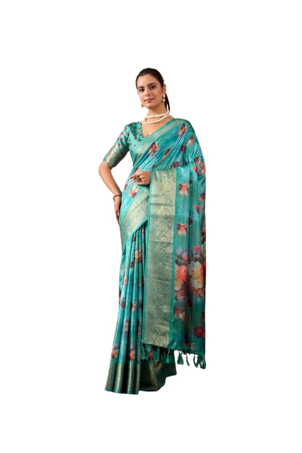 Generic Women's Faux_Silk Printed Saree With Unstitched Blouse 5.5Mtr (Aqua_Blue)