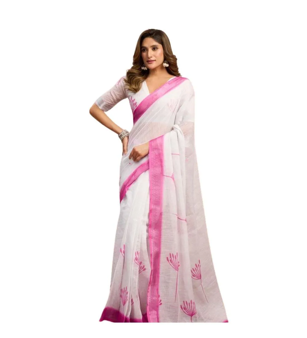 Generic Women's Linen Cotton Printed Ready To Wear Saree With Unstitched Blouse 5.5 Mtr (Light_White)
