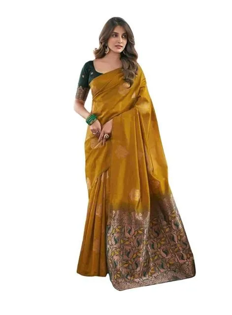 Generic Women's Soft Lichi Silk Printed Saree With Unstitched Blouse 5.5Mtr (Mustard )