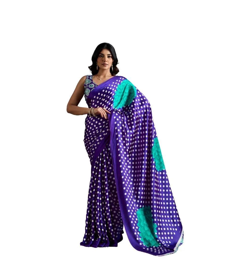 Generic Women's Satin Crepe Printed Saree With Unstitched Blouse 5.5Mtr (Purple)