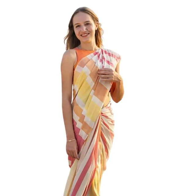 Generic Women's Linen Printed Saree With Unstitched Blouse 5.5Mtr (Yellow)