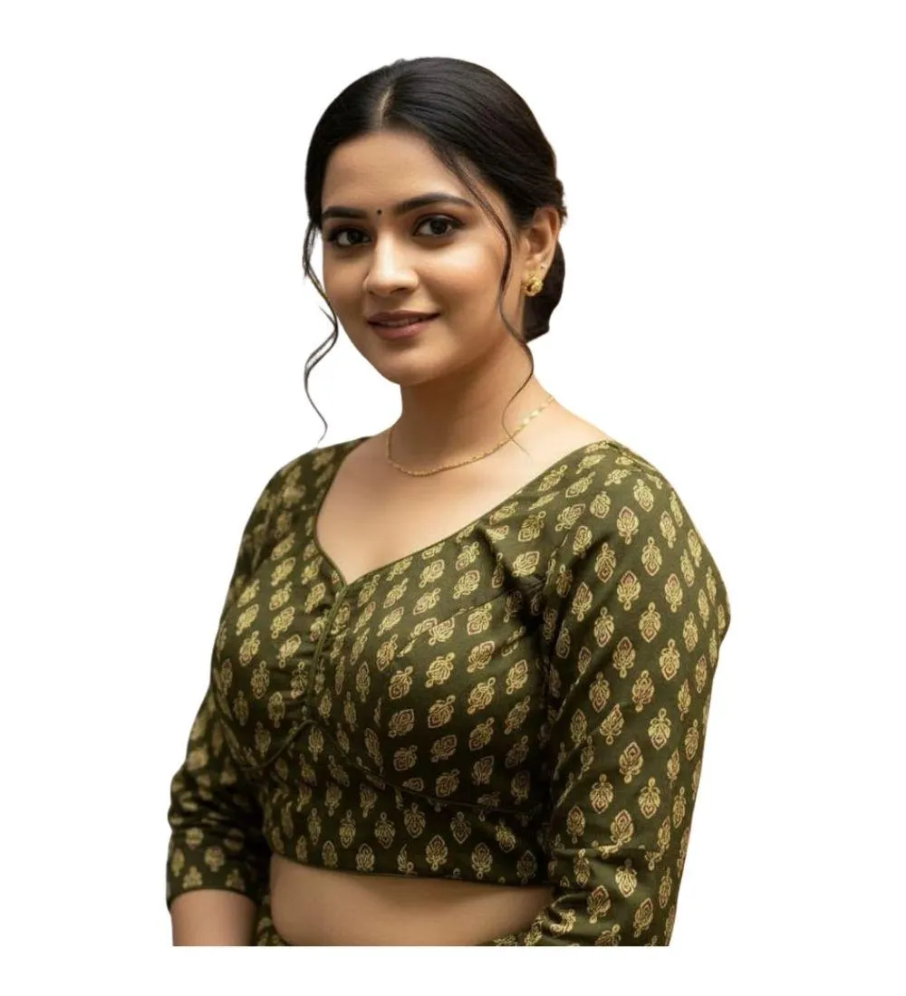 Generic Women's Ajrakh Cotton Halter Neck Padded Blouse (Olive, 38 Ready Size (Self-Alterable 36–40)