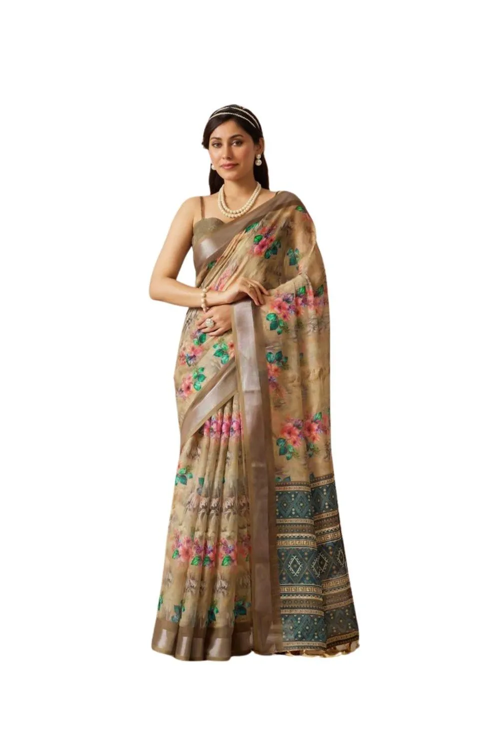 Generic Women's Faux_Linen Printed Saree With Unstitched Blouse 5.5Mtr (Beige)
