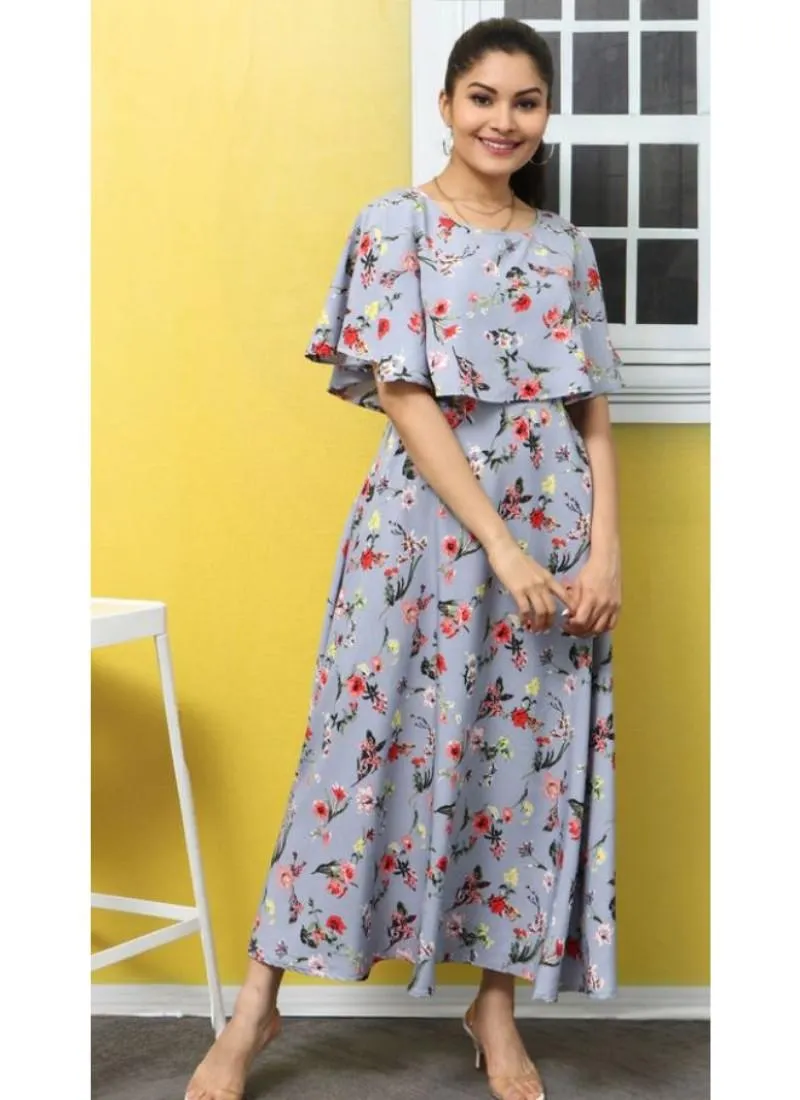 Generic Women's Crepe Floral Half Sleeves Full Length Gown(Light Grey)