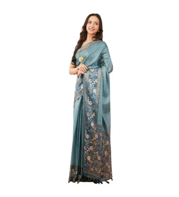 Generic Women's Polyester Printed Saree With Unstitched Blouse 5.5 Mtr (Blue)