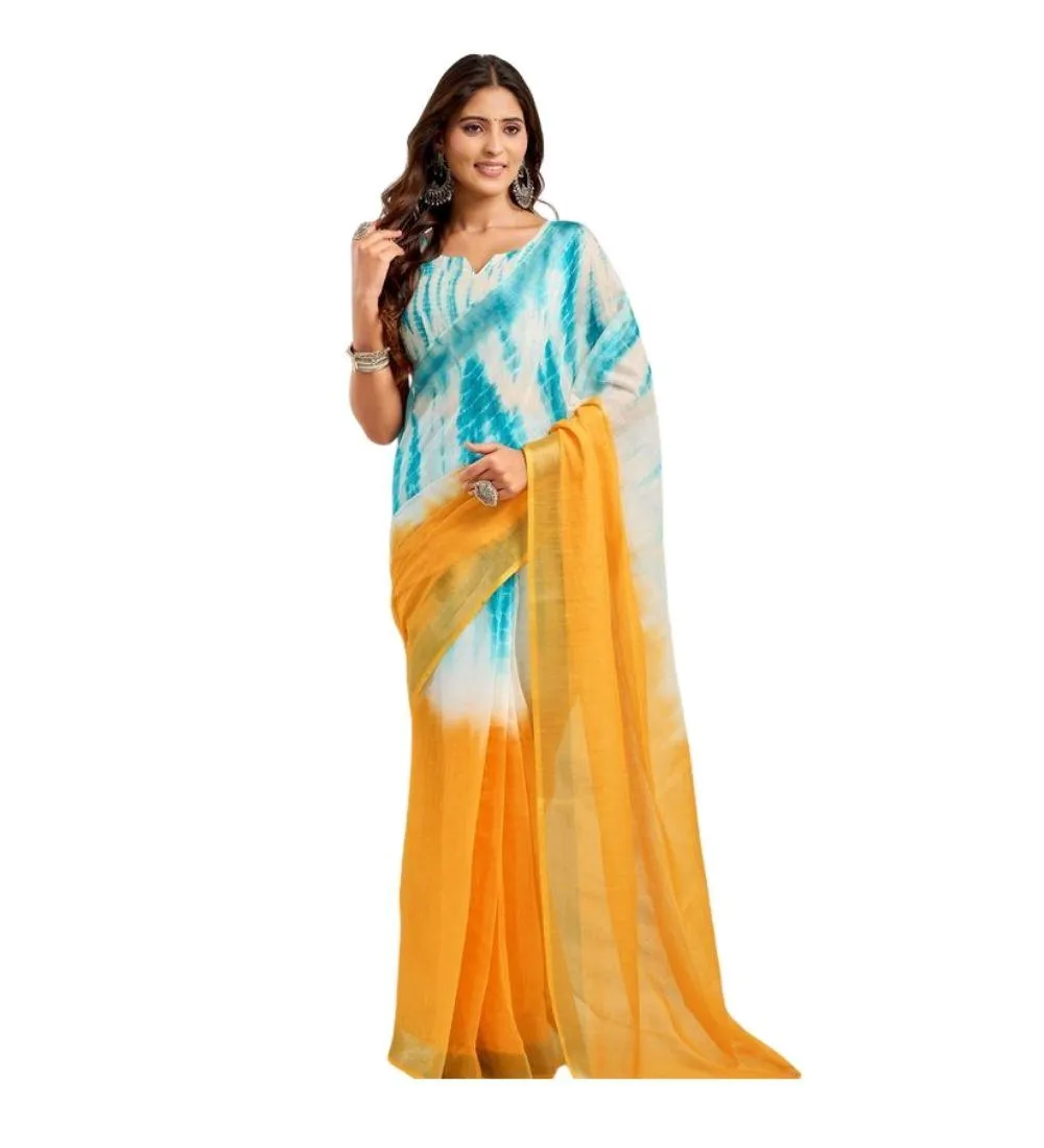 Generic Women's Linen Cotton Printed Ready To Wear Saree With Unstitched Blouse 5.5 Mtr (Aqua_Blue)