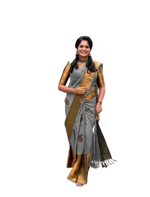 Generic Women's Soft Lichi Silk Printed Saree With Unstitched Blouse 5.5Mtr (Grey)