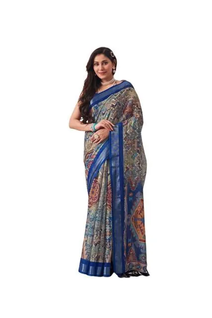 Generic Women's Faux_Linen Printed Saree With Unstitched Blouse 5.5Mtr (Navy_Blue)