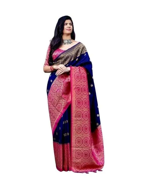 Generic Women's Soft Lichi Silk Printed Saree With Unstitched Blouse 5.5Mtr (Blue)