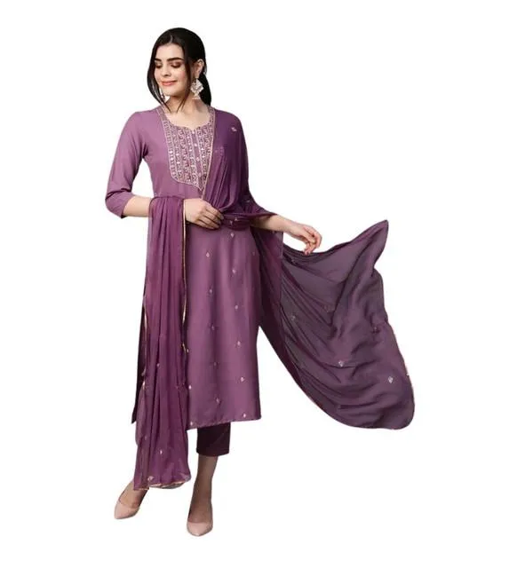Generic Women's Tesla Silk Embroidered U-Neck Kurti With Pant Dupatta Set (Light Purple)