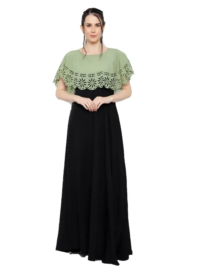 Generic Women's Crepe Solid Sleeveless Full Length Gown(Green Black)