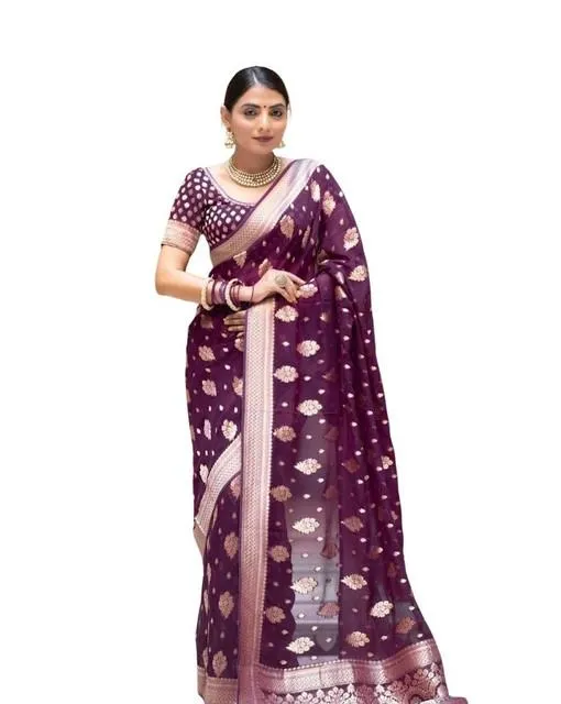 Generic Women's Soft Lichi Silk Printed Saree With Unstitched Blouse 5.5Mtr (Purple)