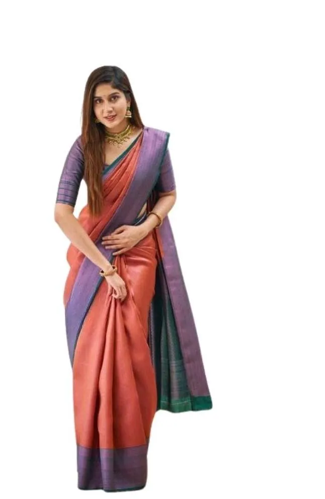 Generic Women's Soft Lichi Silk Printed Saree With Unstitched Blouse 5.5Mtr (Orange)