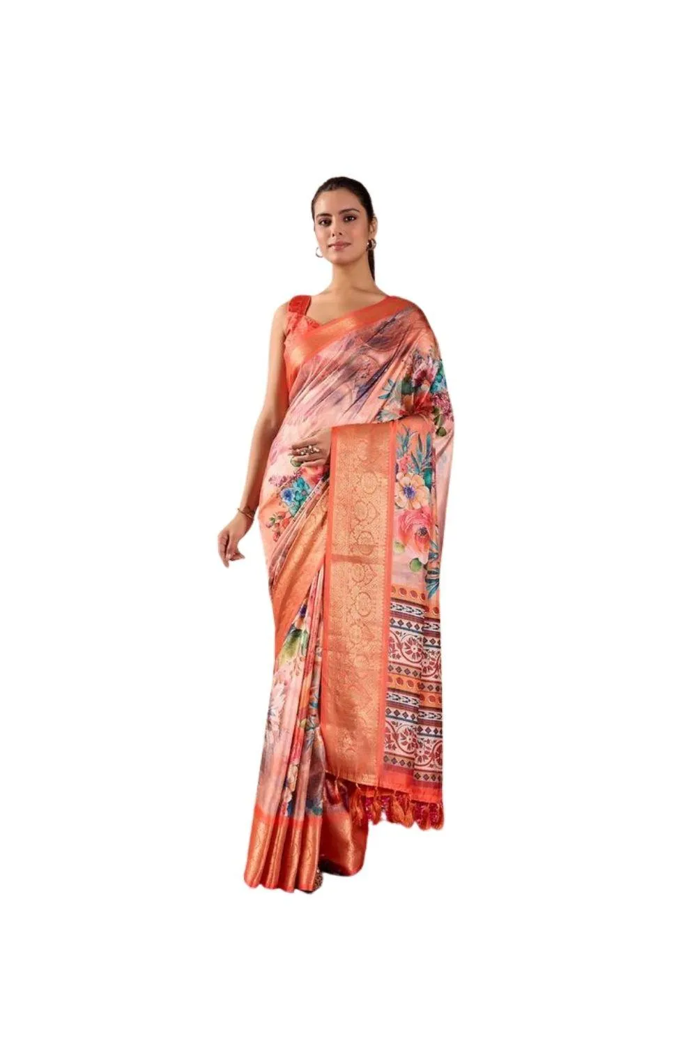 Generic Women's Faux_Silk Printed Saree With Unstitched Blouse 5.5Mtr (Peach)