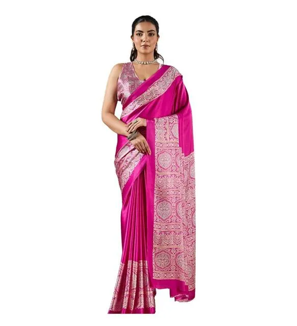 Generic Women's Satin Crepe Printed Saree With Unstitched Blouse 5.5Mtr (Pink)