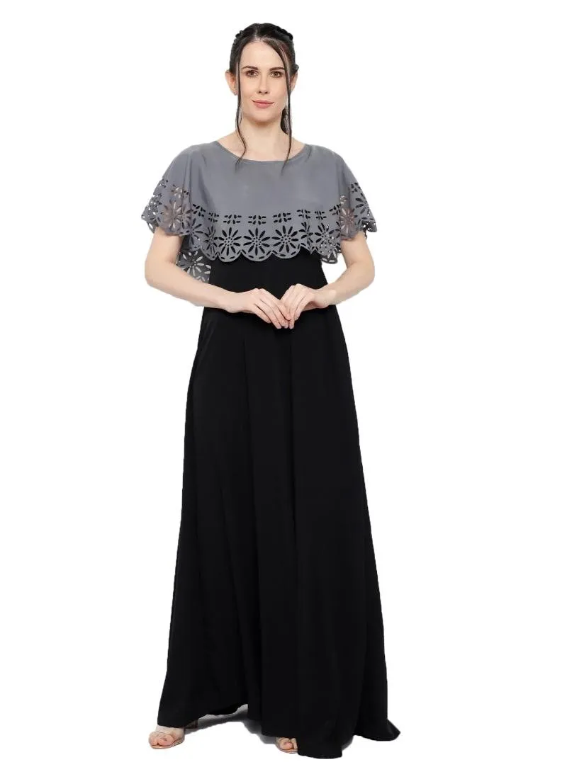 Generic Women's Crepe Solid Sleeveless Full Length Gown(Grey Black)