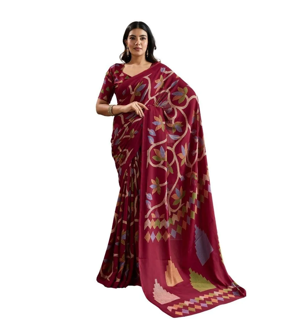 Generic Women's Satin Crepe Printed Saree With Unstitched Blouse 5.5Mtr (Maroon)