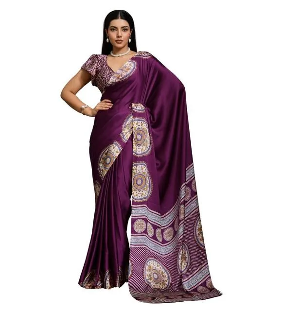 Generic Women's Satin Crepe Printed Saree With Unstitched Blouse 5.5Mtr (Purple)