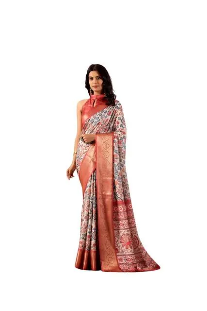 Generic Women's Faux_Silk Printed Saree With Unstitched Blouse 5.5Mtr (Off_White)