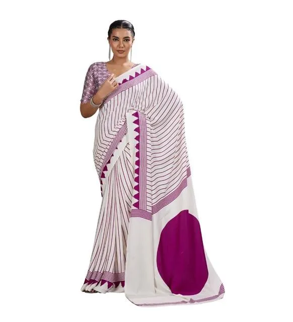 Generic Women's Satin Crepe Printed Saree With Unstitched Blouse 5.5Mtr (White)