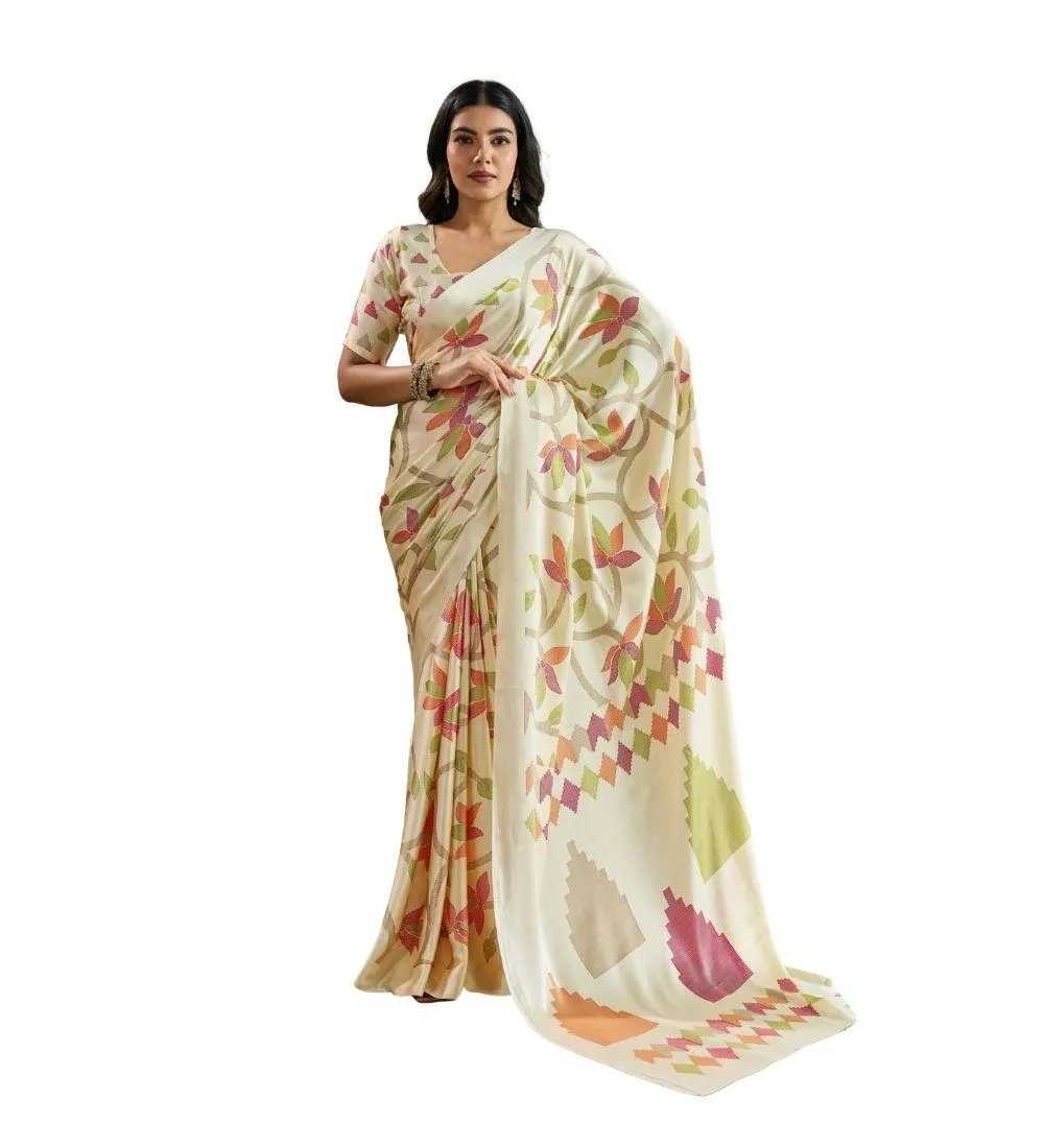 Generic Women's Satin Crepe Printed Saree With Unstitched Blouse 5.5Mtr (Off White)