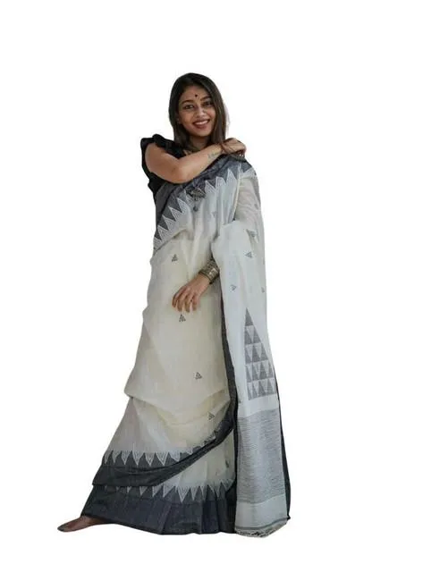 Generic Women's Soft Lilan Printed Saree With Unstitched Blouse 5.5Mtr (White-Black)