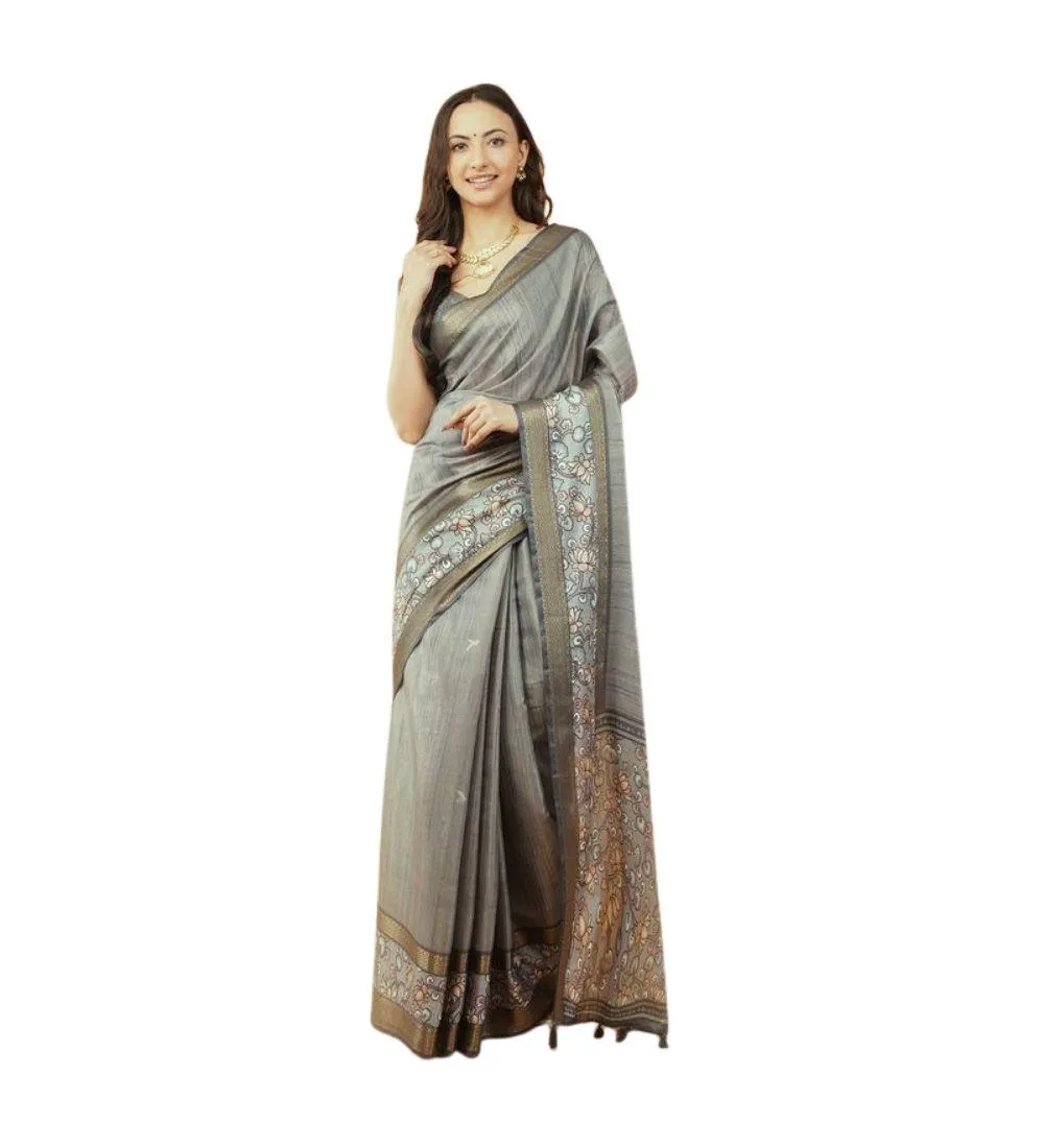Generic Women's Polyester Printed Saree With Unstitched Blouse 5.5 Mtr (Grey)