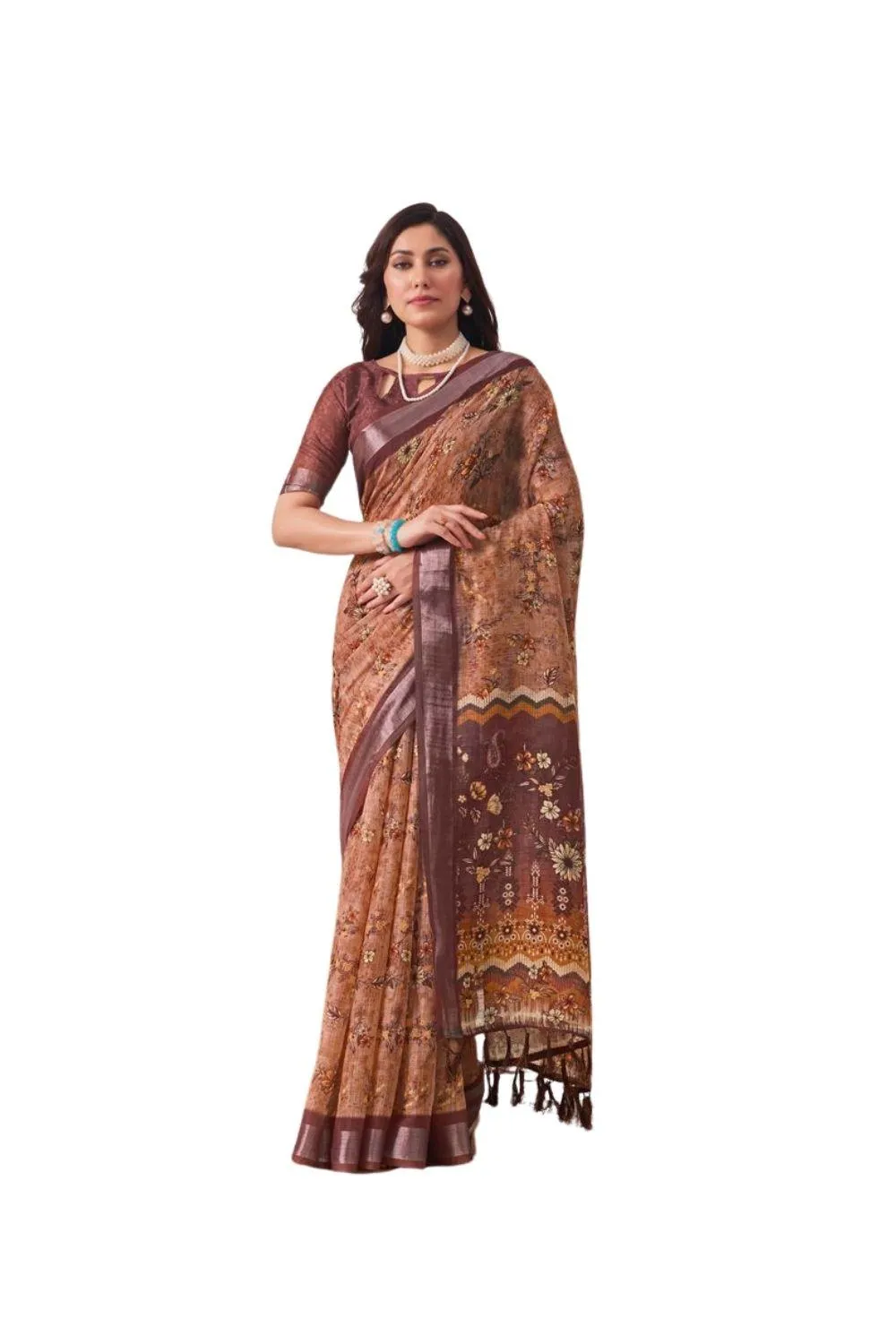 Generic Women's Faux_Linen Printed Saree With Unstitched Blouse 5.5Mtr (Bronze)