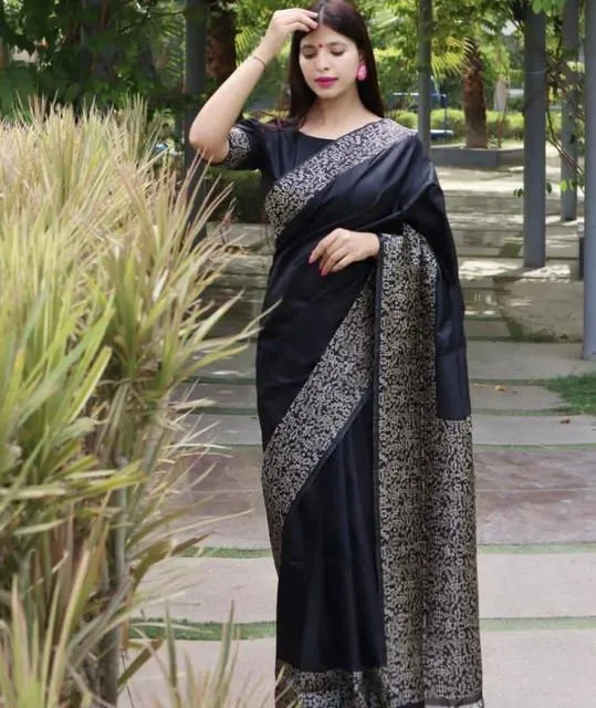 Generic Women's Soft Lichi Silk Printed Saree With Unstitched Blouse 5.5Mtr (Black)