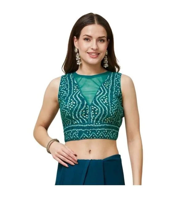 Generic Women's Rayon Cotton Bandhani Printed Halter Neck Non Padded Blouse (Blue 38 Ready (Alterable up to 42)