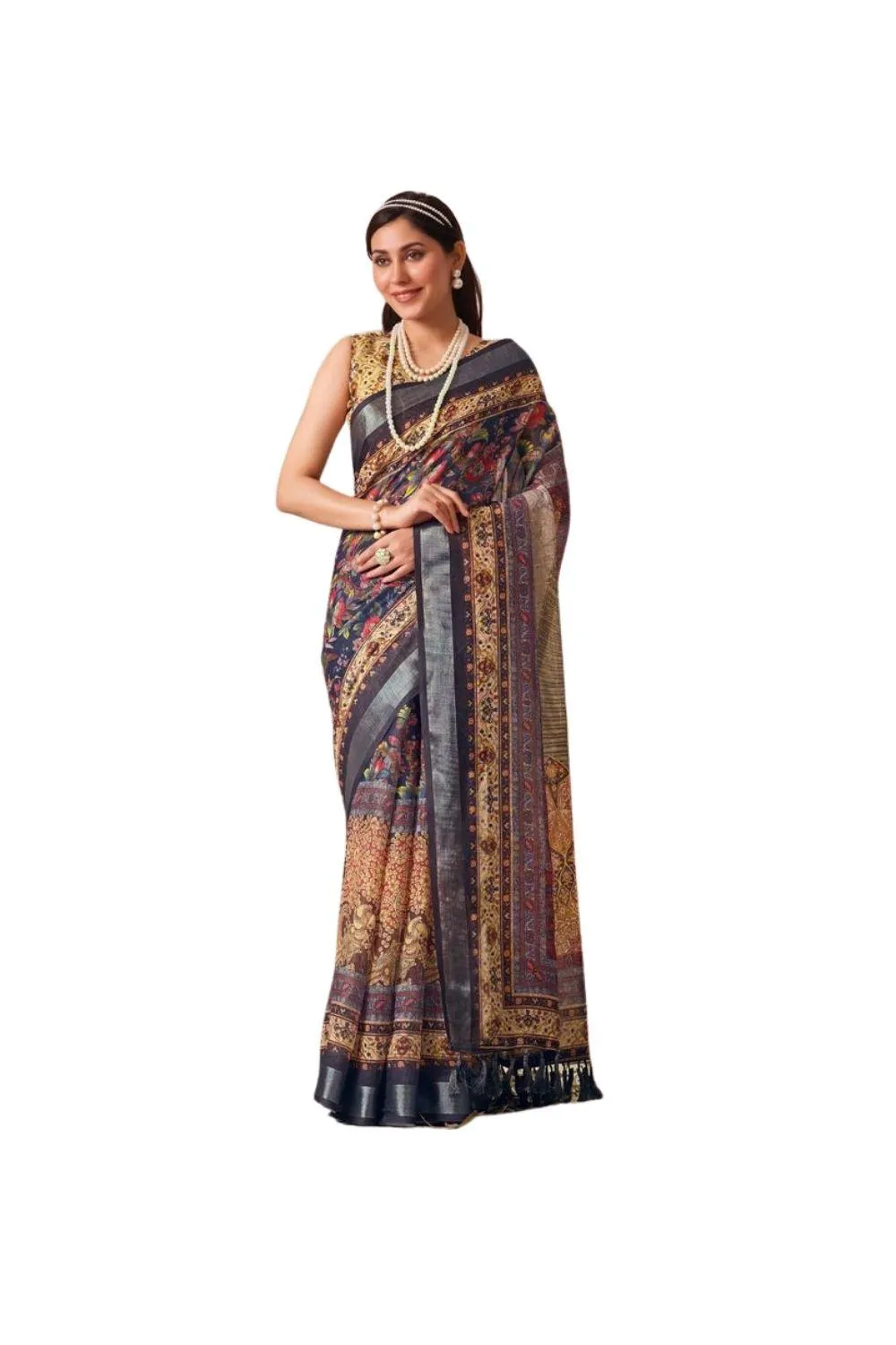 Generic Women's Faux_Linen Printed Saree With Unstitched Blouse 5.5Mtr (Navy_Blue)