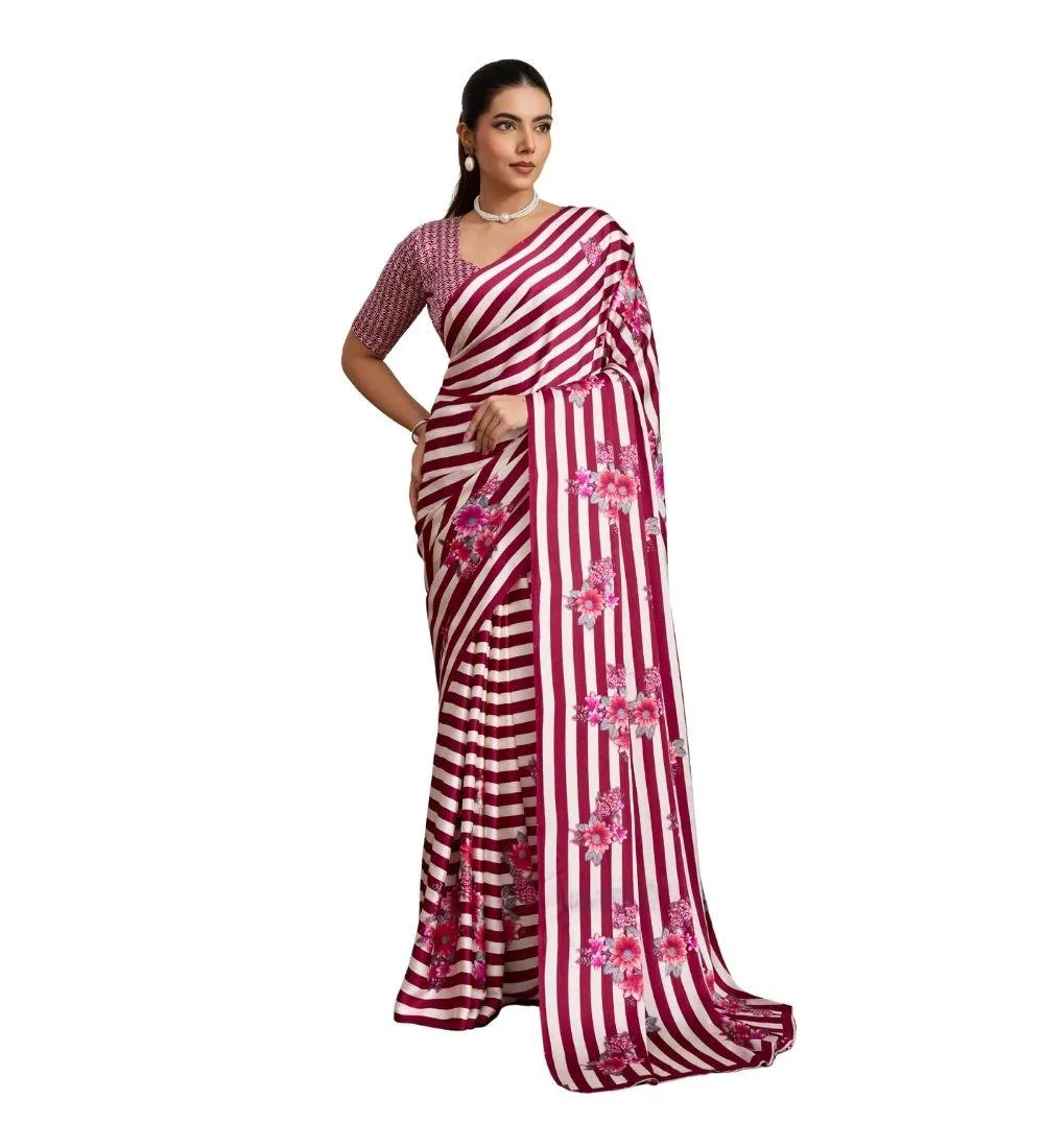 Generic Women's Satin Crepe Printed Saree With Unstitched Blouse 5.5Mtr (Maroon)