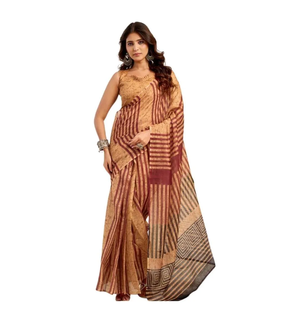 Generic Women's Linen Cotton Printed Ready To Wear Saree With Unstitched Blouse 5.5 Mtr (Brown)