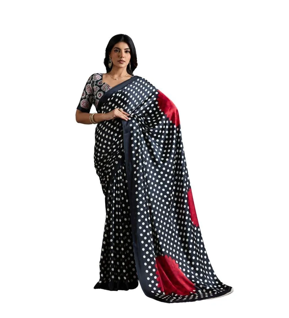 Generic Women's Satin Crepe Printed Saree With Unstitched Blouse 5.5Mtr (Black)