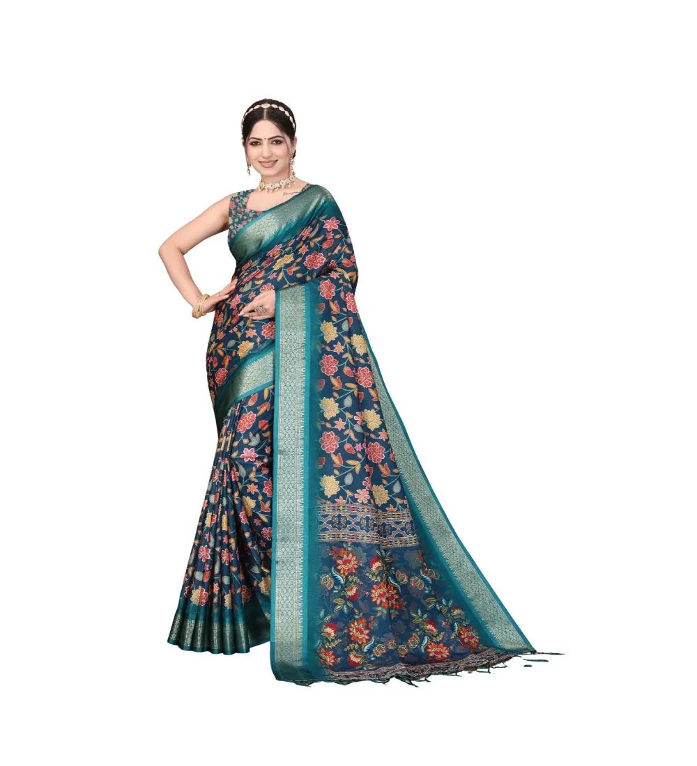 Generic Women's Cotton Silk  Printed Saree With Unstitched Blouse 5.5Mtr (Blue)