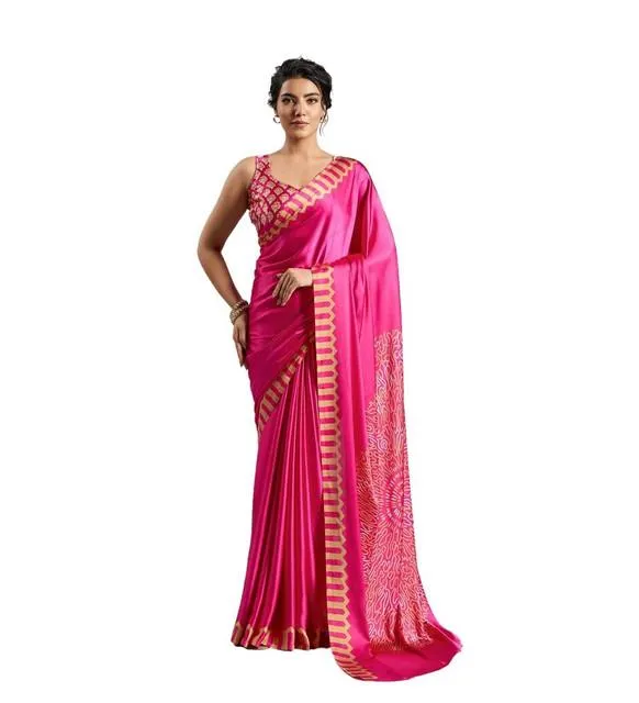 Generic Women's Satin Crepe Printed Saree With Unstitched Blouse 5.5Mtr (Pink)