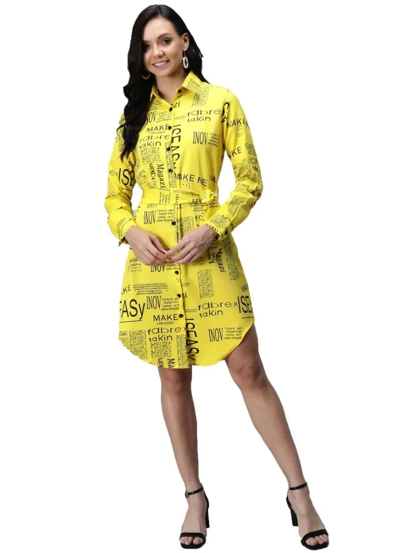 Generic Women's Crepe Paper Print Full Sleeve Short Tops(Yellow)