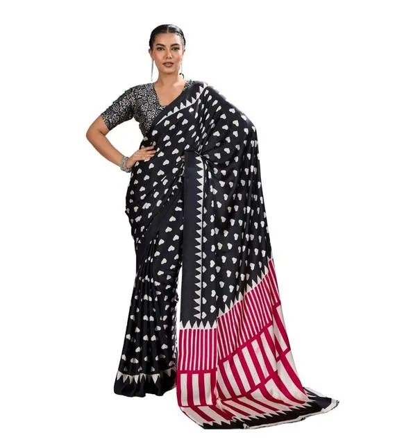 Generic Women's Satin Crepe Printed Saree With Unstitched Blouse 5.5Mtr (Black)