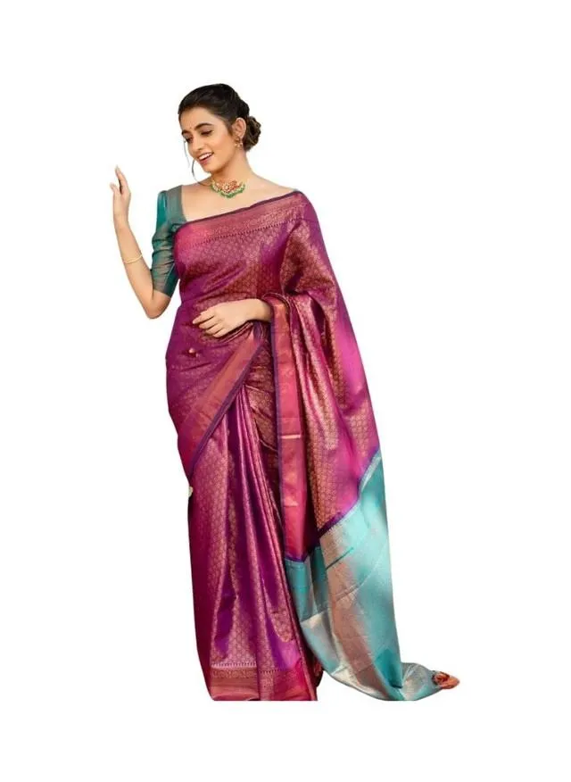 Generic Women's Soft Lichi Silk Printed Saree With Unstitched Blouse 5.5Mtr (Purple)