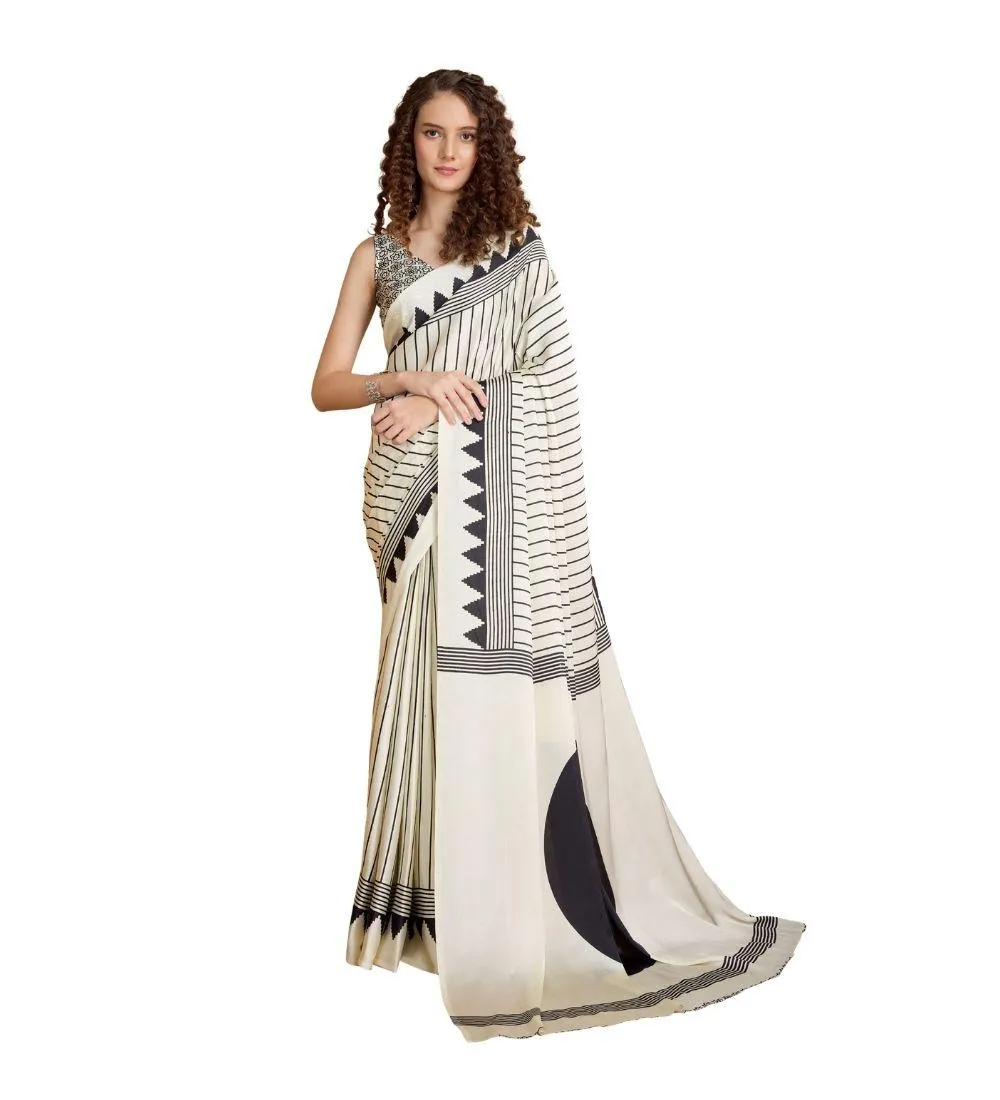 Generic Women's Satin Crepe Printed Saree With Unstitched Blouse 5.5Mtr (White)