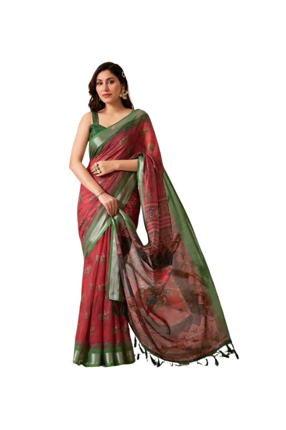 Generic Women's Faux_Linen Printed Saree With Unstitched Blouse 5.5Mtr (Maroon)