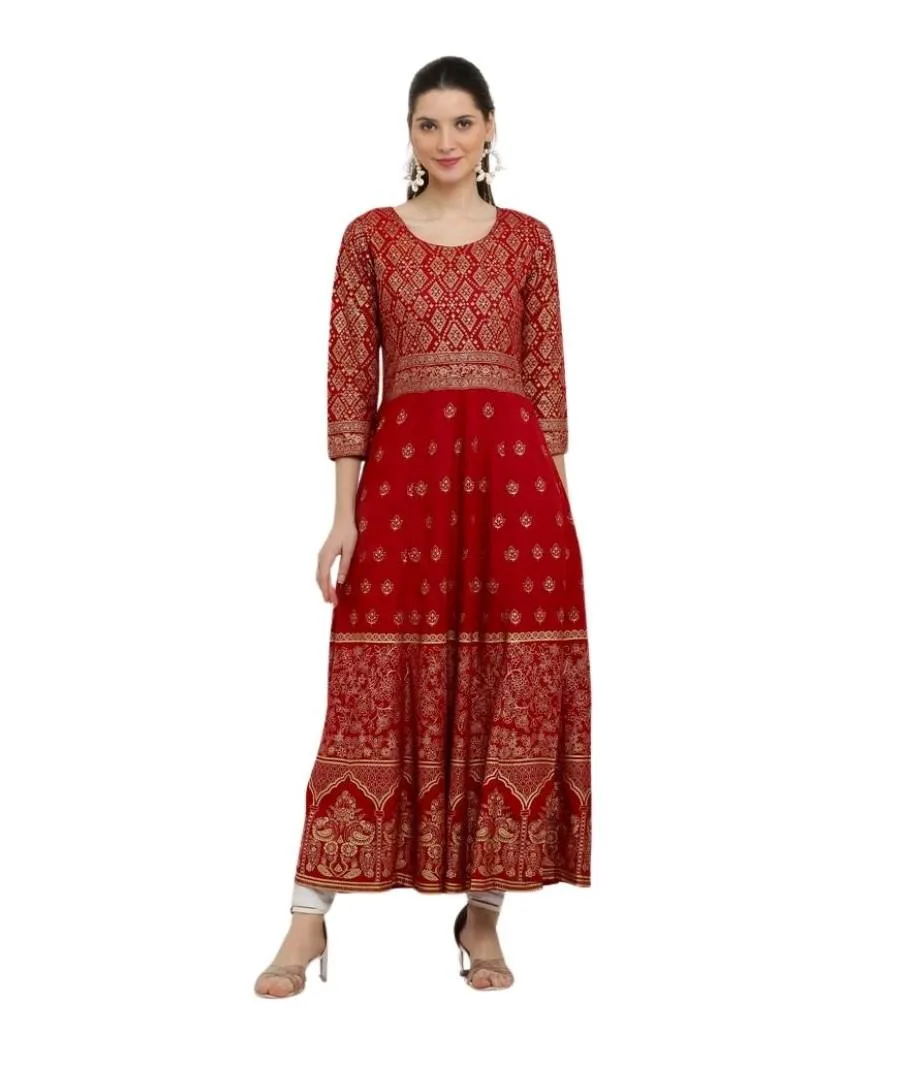 Generic Women's Casual Rayon 3-4th Sleeves Anarkali Kurti (Red)