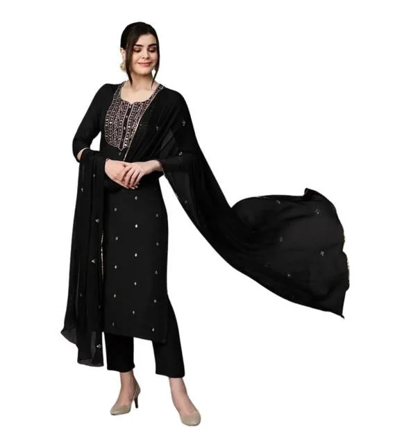 Generic Women's Tesla Silk Embroidered U-Neck Kurti With Pant Dupatta Set (Black)