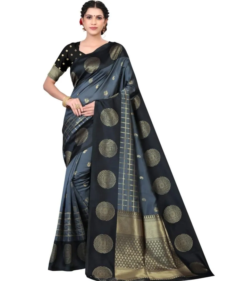 Generic Women's Soft Lichi Silk Printed Saree With Unstitched Blouse 5.5Mtr (Black)
