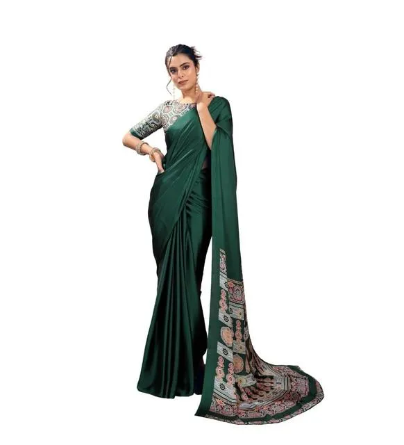 Generic Women's Satin Crepe Printed Saree With Unstitched Blouse 5.5Mtr (Bottle Green)
