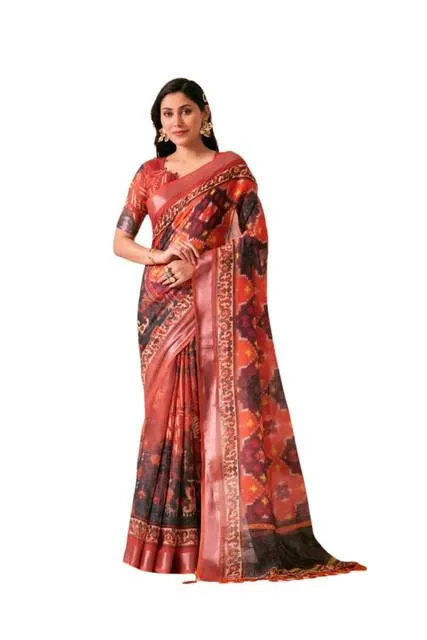 Generic Women's Faux_Linen Printed Saree With Unstitched Blouse 5.5Mtr (Red)