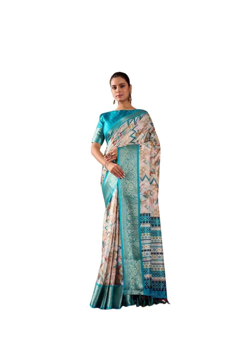 Generic Women's Faux_Silk Printed Saree With Unstitched Blouse 5.5Mtr (Beige)